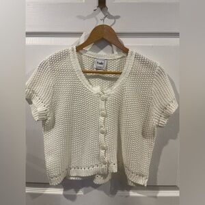 Twik white Button Down Knit Top short sleeves crochet cardigan small women crop